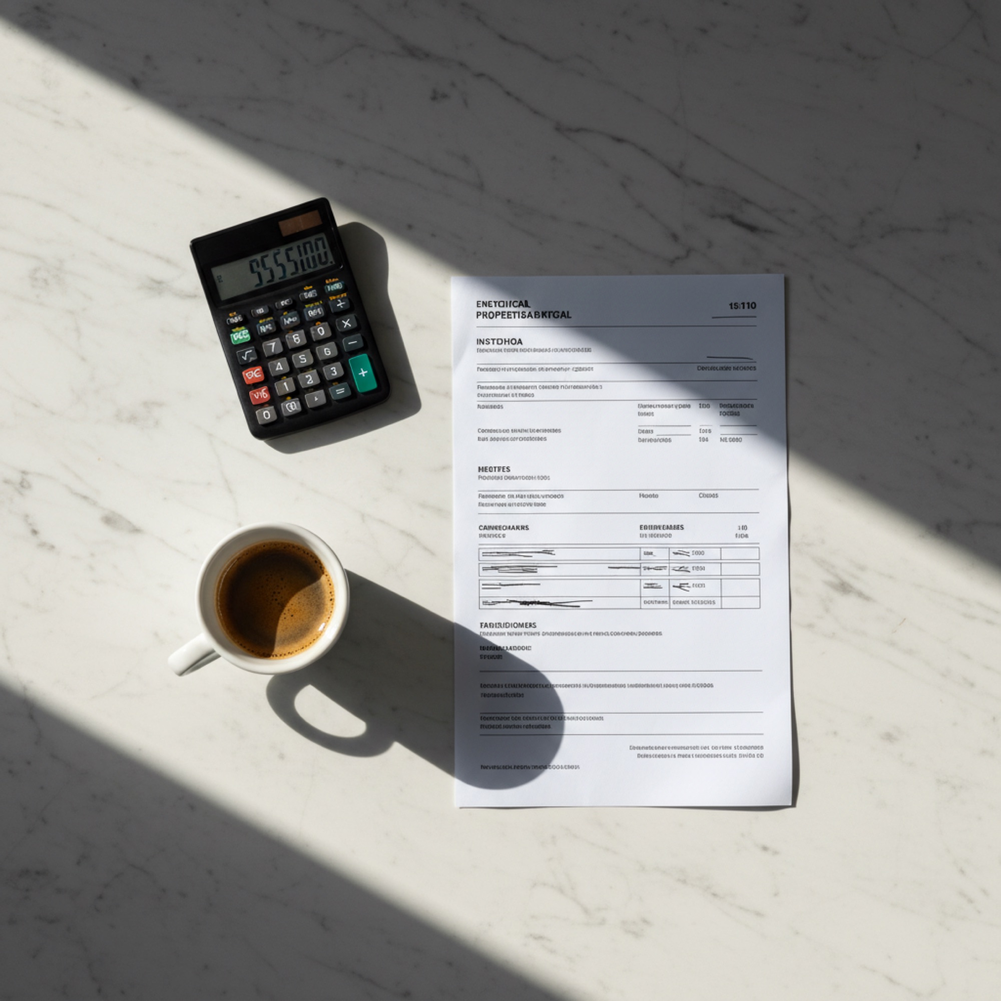 A Portuguese inmueble tax invoice on a marble counter with a calculator and espresso.