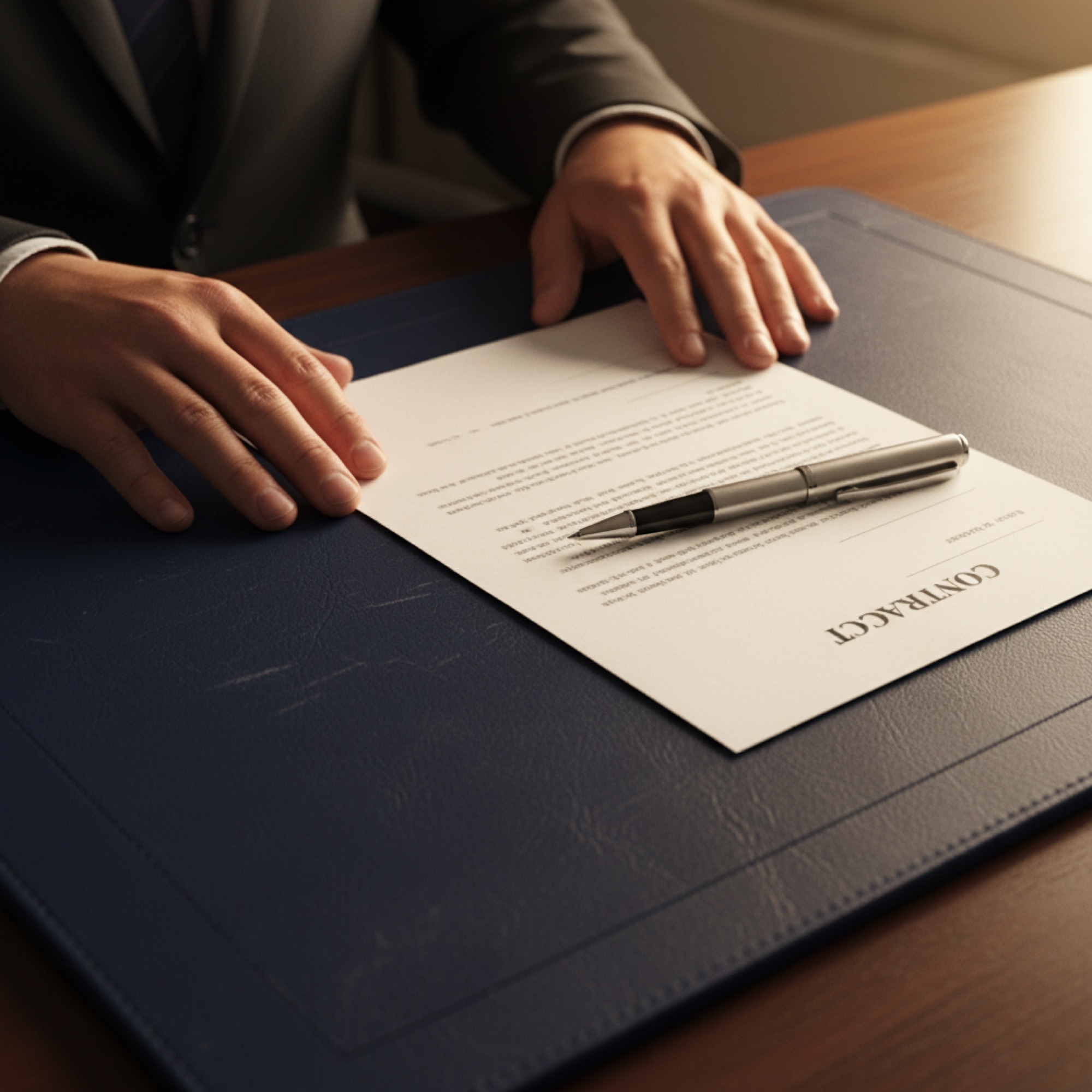 A banker slides a mortgage contract across a navy leather desk pad.