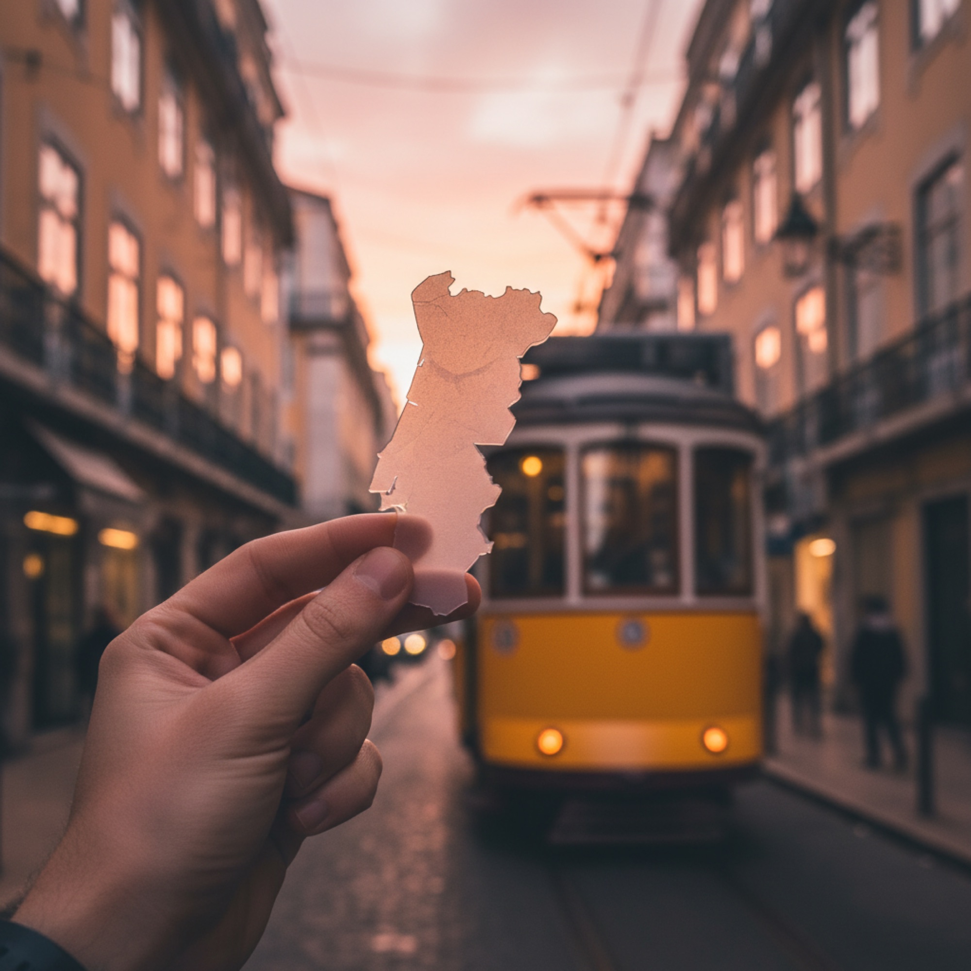 A Portuguese residency card held against a Lisbon tram backdrop.
