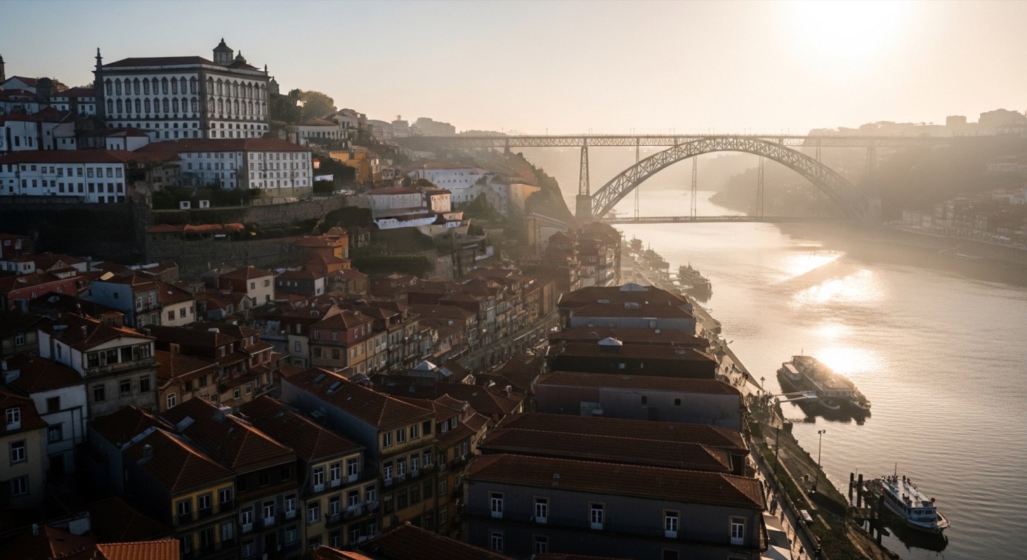 Aerial view of Porto Ribeira and the Douro river at dawn.